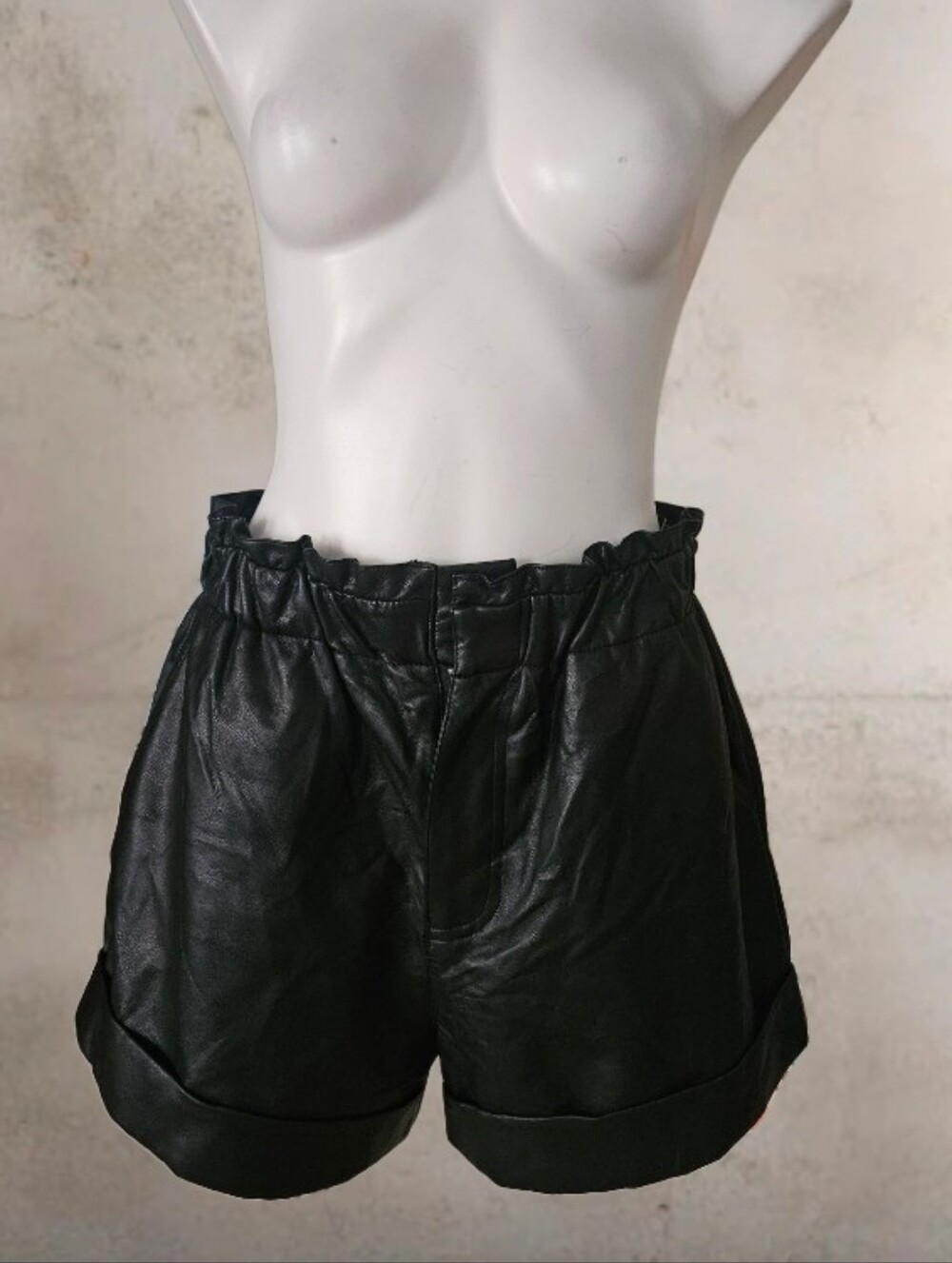 Black Tape Large Paperbag Mini Shorts Cuffed Pocket Faux Leather Hi-Rise Black